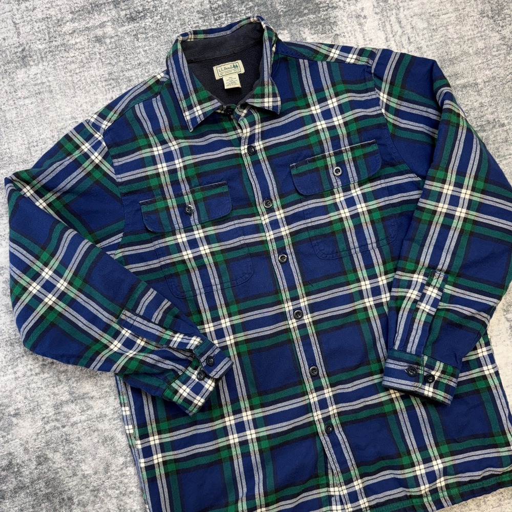 LL Bean Shirt Jacket Mens Medium Blue Plaid Fleece Lined Shacket Work Chore‎